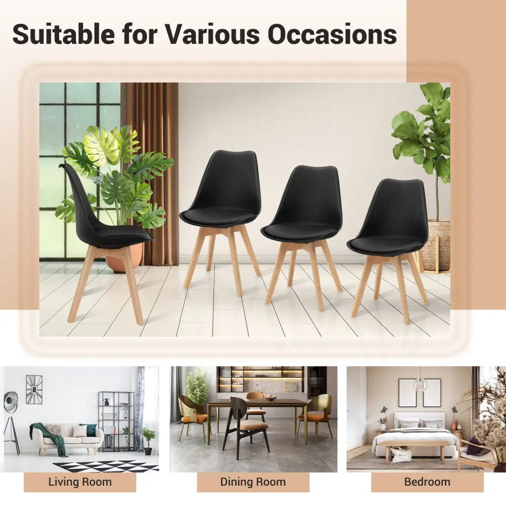 Set of 4 Dining Chairs Mid-Century Modern Shell PU Seat with Wooden Legs-Black - Black - Dining Chairs