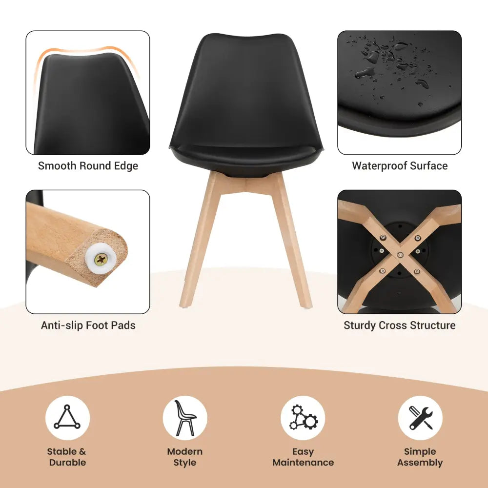 Set of 4 Dining Chairs Mid-Century Modern Shell PU Seat with Wooden Legs-Black - Black - Dining Chairs