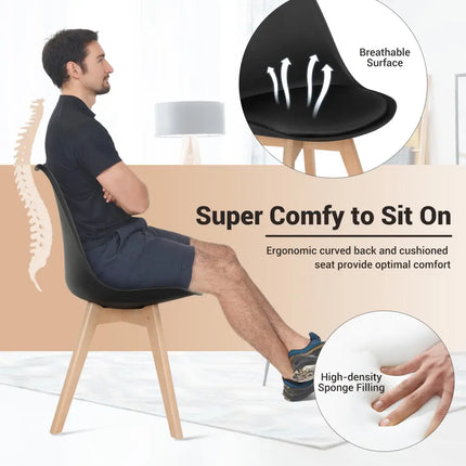 Set of 4 Dining Chairs Mid-Century Modern Shell PU Seat with Wooden Legs-Black - Black - Dining Chairs