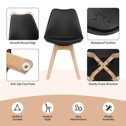 Set of 4 Dining Chairs Mid-Century Modern Shell PU Seat with Wooden Legs-Black - Black - Dining Chairs
