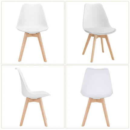 Set of 4 Dining Chairs Mid-Century Modern Shell PU Seat with Wooden Legs-White - White - Dining Chairs