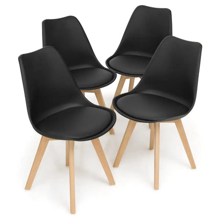 Set of 4 Dining Chairs Mid-Century Modern Shell PU Seat with Wooden Legs-Black - Black - Dining Chairs