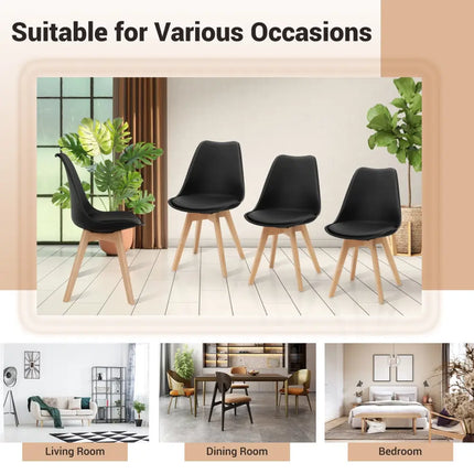 Set of 4 Dining Chairs Mid-Century Modern Shell PU Seat with Wooden Legs-Black - Black - Dining Chairs