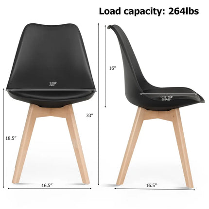 Set of 4 Dining Chairs Mid-Century Modern Shell PU Seat with Wooden Legs-Black - Black - Dining Chairs