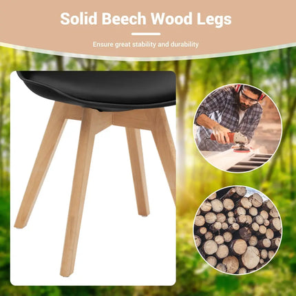 Set of 4 Dining Chairs Mid-Century Modern Shell PU Seat with Wooden Legs-Black - Black - Dining Chairs