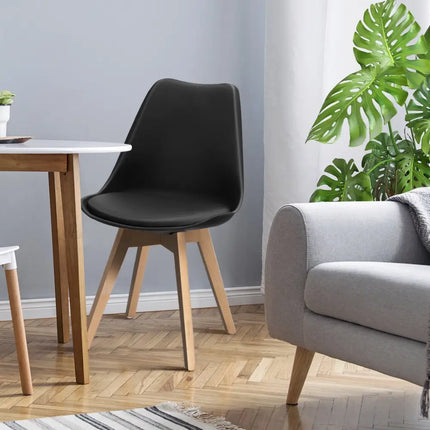 Set of 4 Dining Chairs Mid-Century Modern Shell PU Seat with Wooden Legs-Black - Black - Dining Chairs