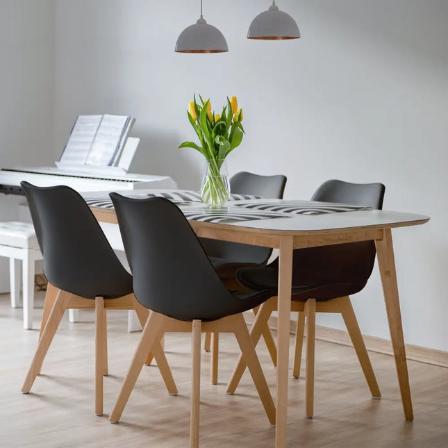 Set of 4 Dining Chairs Mid-Century Modern Shell PU Seat with Wooden Legs-Black - Black - Dining Chairs