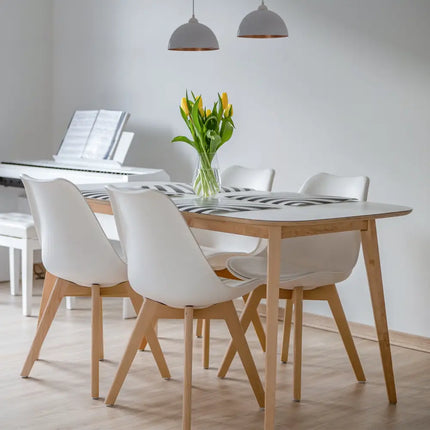 Set of 4 Dining Chairs Mid-Century Modern Shell PU Seat with Wooden Legs-White - White - Dining Chairs