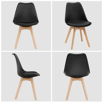 Set of 4 Dining Chairs Mid-Century Modern Shell PU Seat with Wooden Legs-Black - Black - Dining Chairs