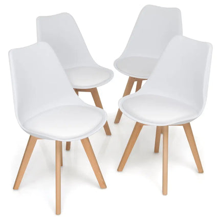 Set of 4 Dining Chairs Mid-Century Modern Shell PU Seat with Wooden Legs-White - White - Dining Chairs