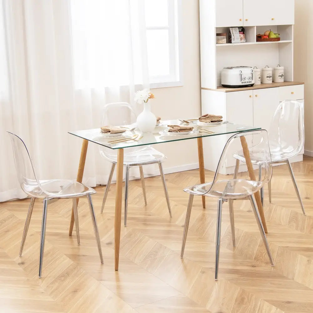 Set of 4 Dining Chairs Modern Plastic Shell Side Chair with Clear Seat and Wood Legs-Silver - Silver - Dining Chairs
