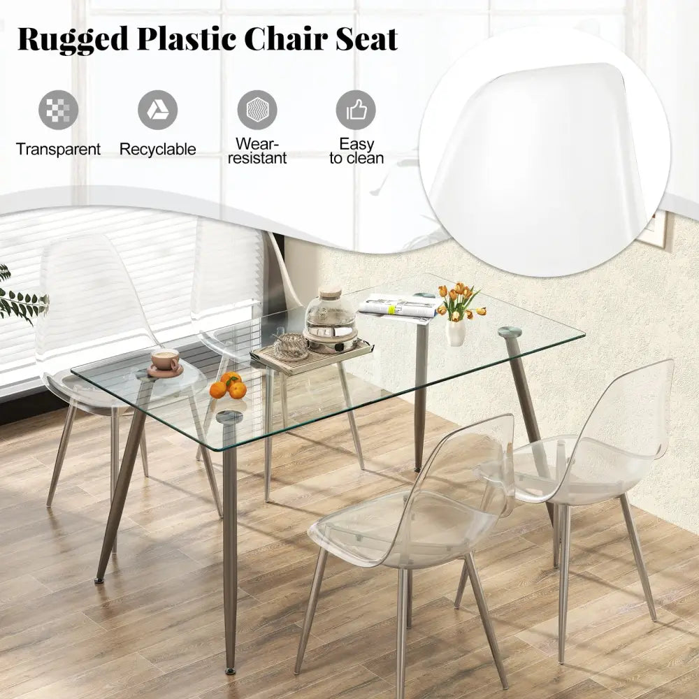Set of 4 Dining Chairs Modern Plastic Shell Side Chair with Clear Seat and Wood Legs-Silver - Silver - Dining Chairs