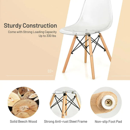 Set of 4 Dining Chairs Modern Plastic Shell Side Chair with Clear Seat and Wood Legs-Natural - Natural - Dining Chairs