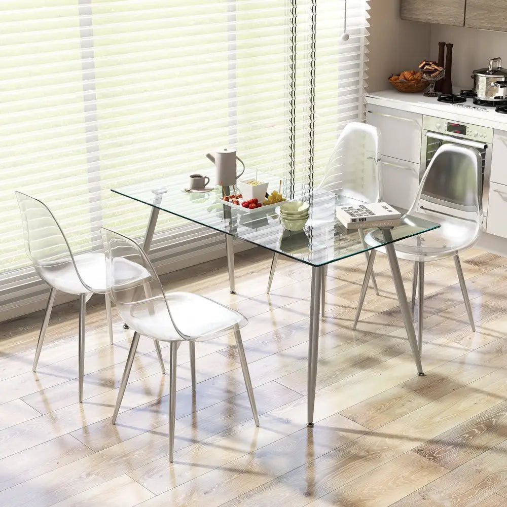 Set of 4 Dining Chairs Modern Plastic Shell Side Chair with Clear Seat and Wood Legs-Silver - Silver - Dining Chairs