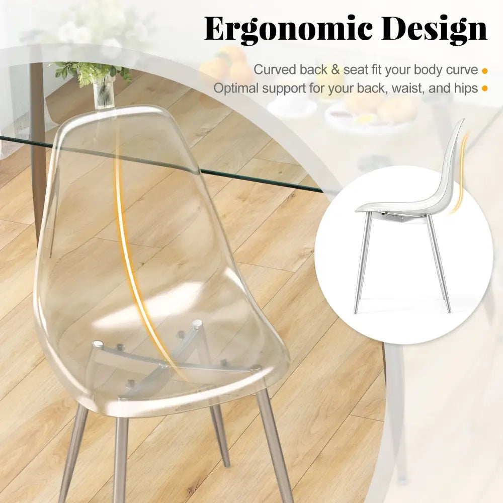 Set of 4 Dining Chairs Modern Plastic Shell Side Chair with Clear Seat and Wood Legs-Silver - Silver - Dining Chairs