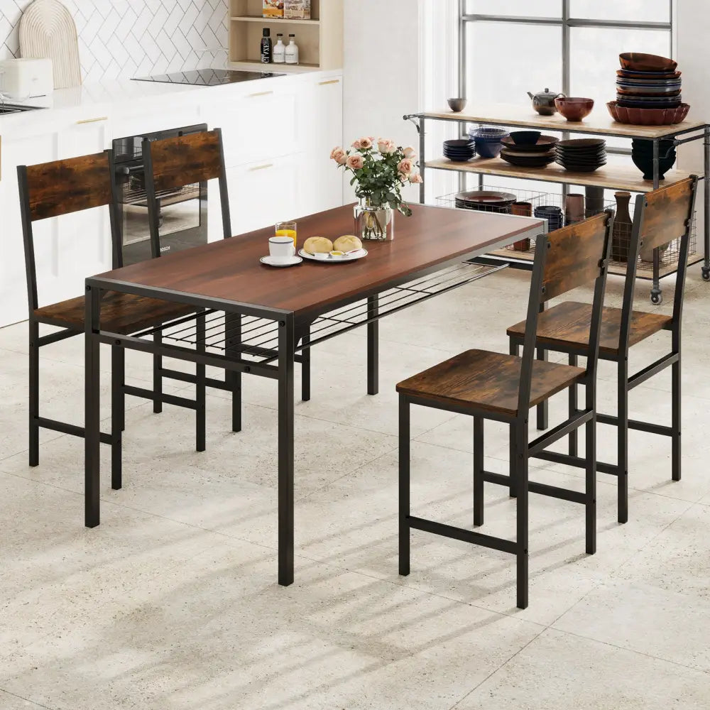 Set of 4 Dining Chairs with Metal Legs and Slanted Back-Rustic Brown - Rustic Brown - Dining Chairs