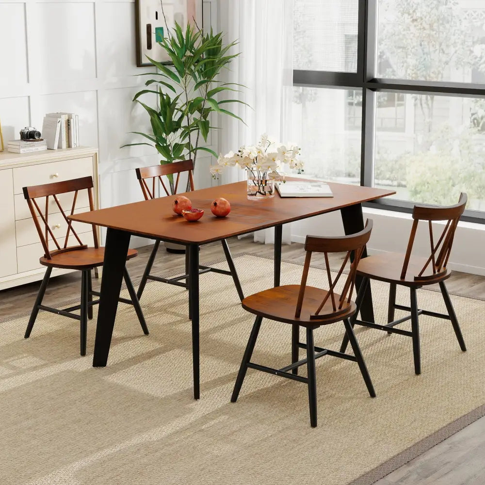 Set of 4 Dining Chairs with Rubber Wood Frame and Curved Cross Back-Dark Brown - Dark Brown - Dining Chairs