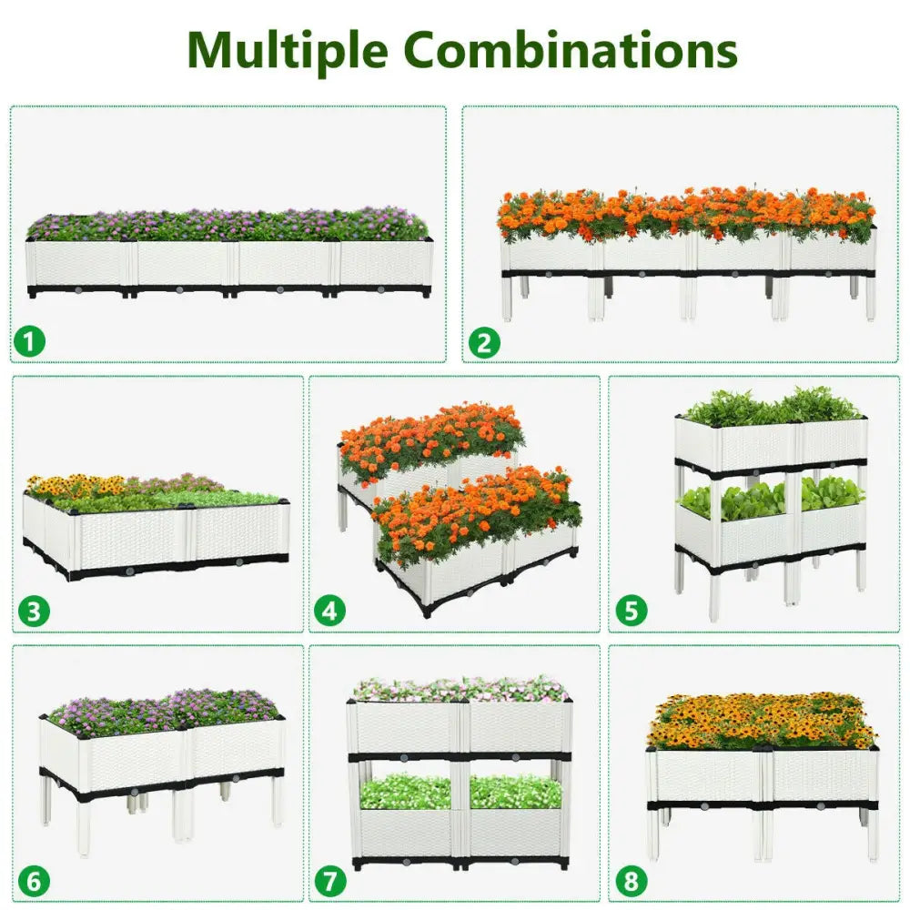 Set of 4 Elevated Flower Vegetable and Herb Grow Planter Box-White - White - Raised Garden Beds