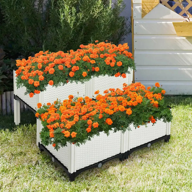 Set of 4 Elevated Flower Vegetable and Herb Grow Planter Box-White - White - Raised Garden Beds