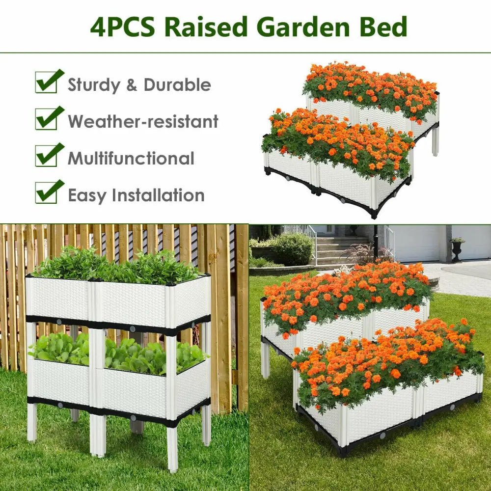 Set of 4 Elevated Flower Vegetable and Herb Grow Planter Box-White - White - Raised Garden Beds