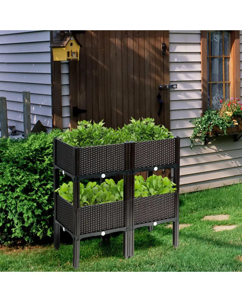Set of 4 Elevated Flower Vegetable Herb Grow Planter Box-Brown - Brown - Raised Garden Beds