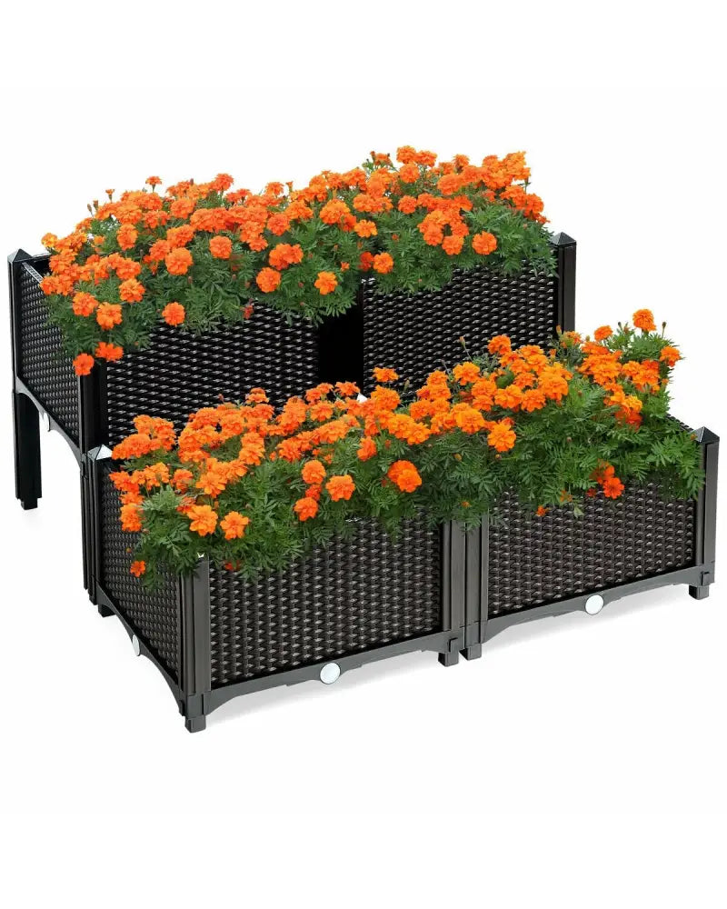 Set of 4 Elevated Flower Vegetable Herb Grow Planter Box-Brown - Brown - Raised Garden Beds