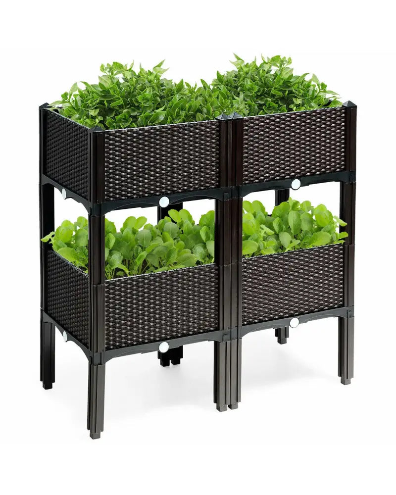 Set of 4 Elevated Flower Vegetable Herb Grow Planter Box-Brown - Brown - Raised Garden Beds