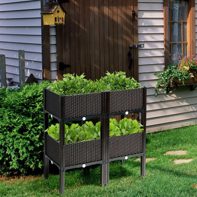 Set of 4 Elevated Flower Vegetable Herb Grow Planter Box-Brown - Brown - Raised Garden Beds