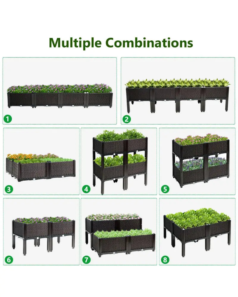 Set of 4 Elevated Flower Vegetable Herb Grow Planter Box-Brown - Brown - Raised Garden Beds