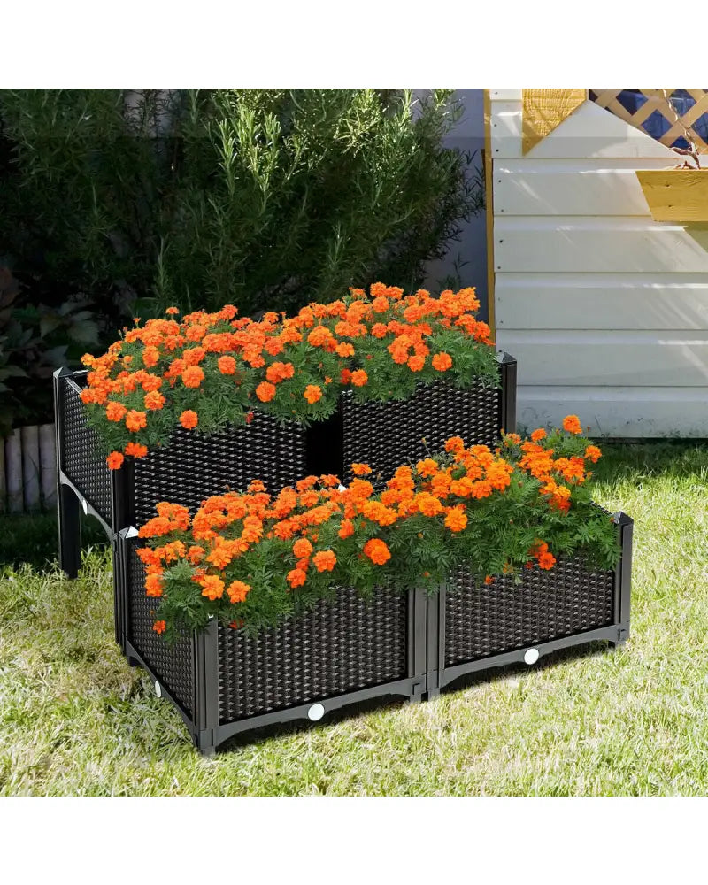Set of 4 Elevated Flower Vegetable Herb Grow Planter Box-Brown - Brown - Raised Garden Beds