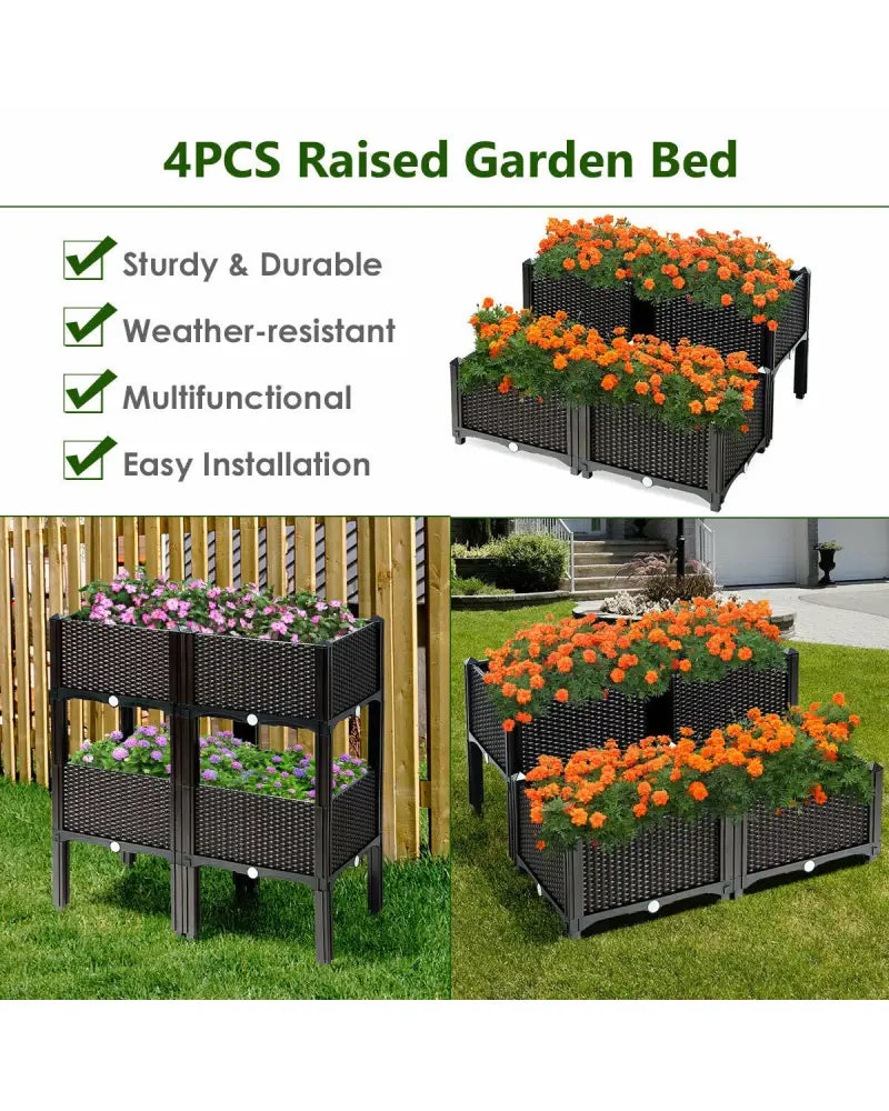 Set of 4 Elevated Flower Vegetable Herb Grow Planter Box-Brown - Brown - Raised Garden Beds