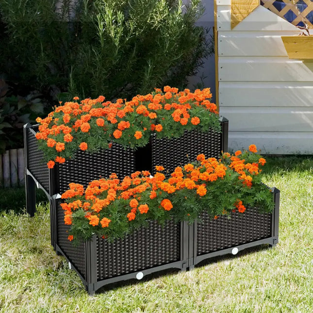 Set of 4 Elevated Flower Vegetable Herb Grow Planter Box-Brown - Brown - Raised Garden Beds
