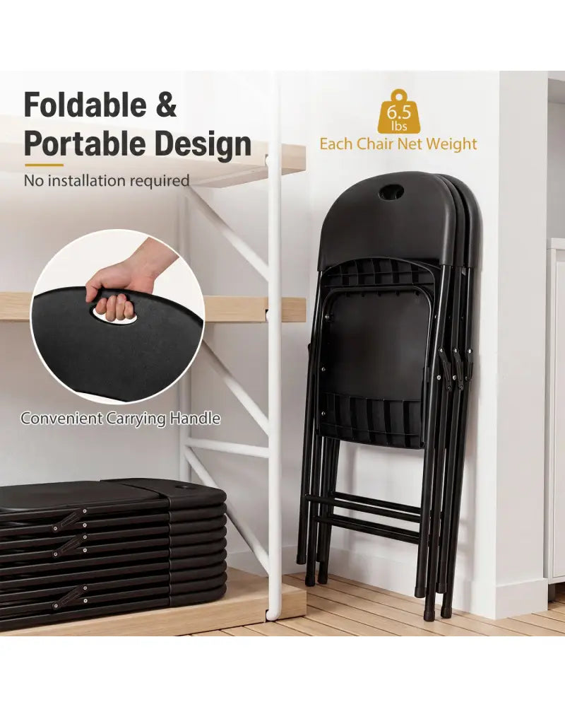 Set of 4 Foldable Plastic Chairs with Ergonomic Backrest-Black - Black - Dining Chairs