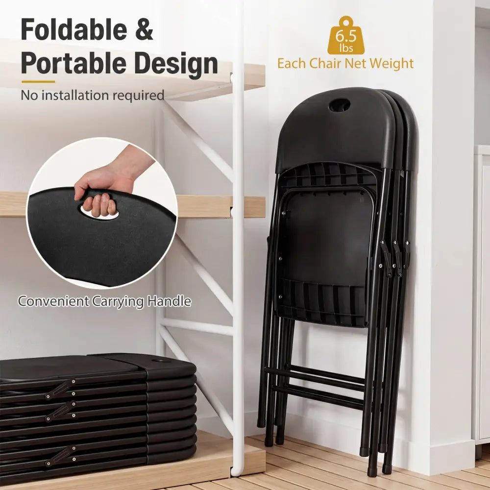 Set of 4 Foldable Plastic Chairs with Ergonomic Backrest-Black - Black - Dining Chairs