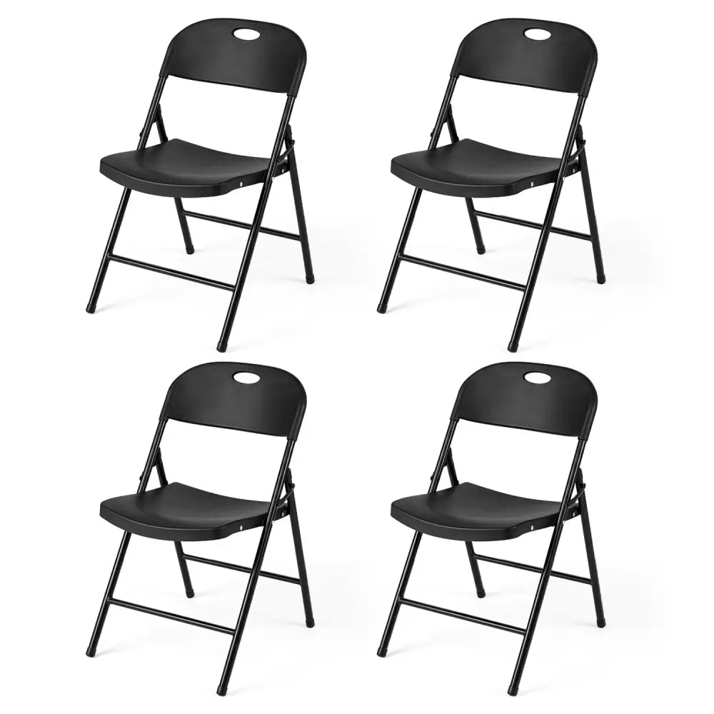 Set of 4 Foldable Plastic Chairs with Ergonomic Backrest-Black - Black - Dining Chairs