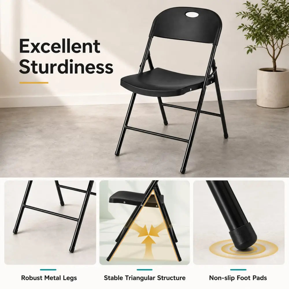 Set of 4 Foldable Plastic Chairs with Ergonomic Backrest-Black - Black - Dining Chairs