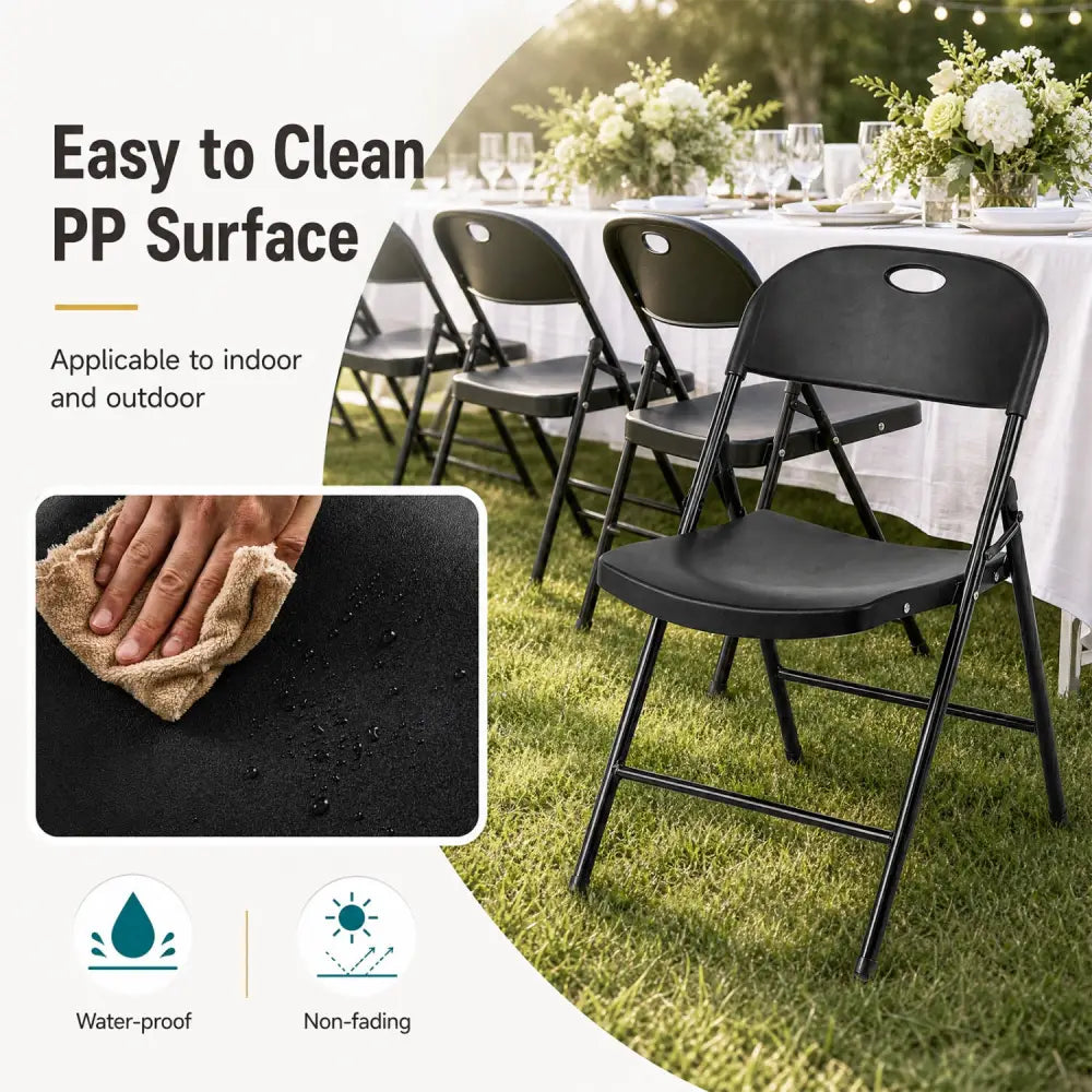 Set of 4 Foldable Plastic Chairs with Ergonomic Backrest-Black - Black - Dining Chairs