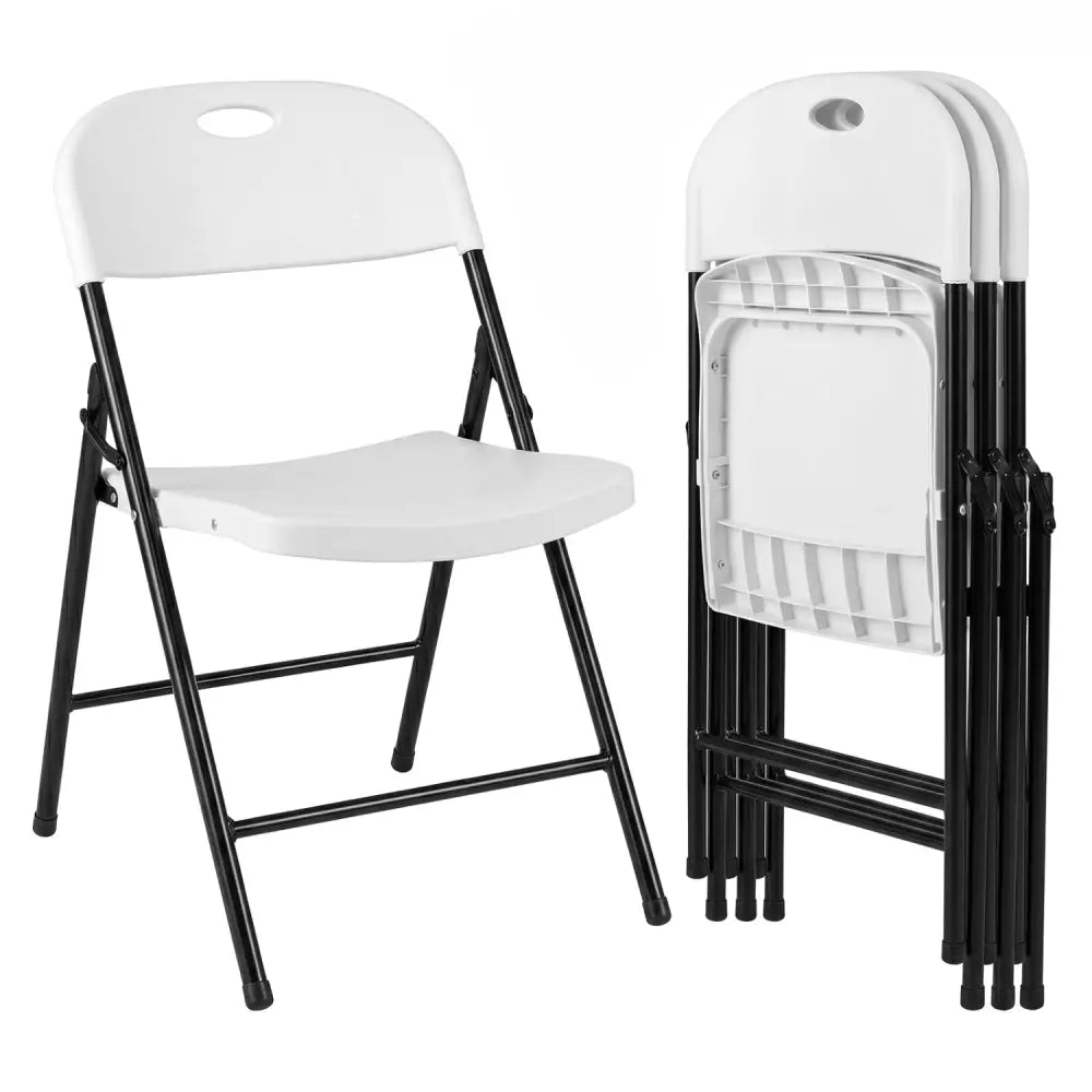 Set of 4 Foldable Plastic Chairs with Ergonomic Backrest-White - White - Dining Chairs