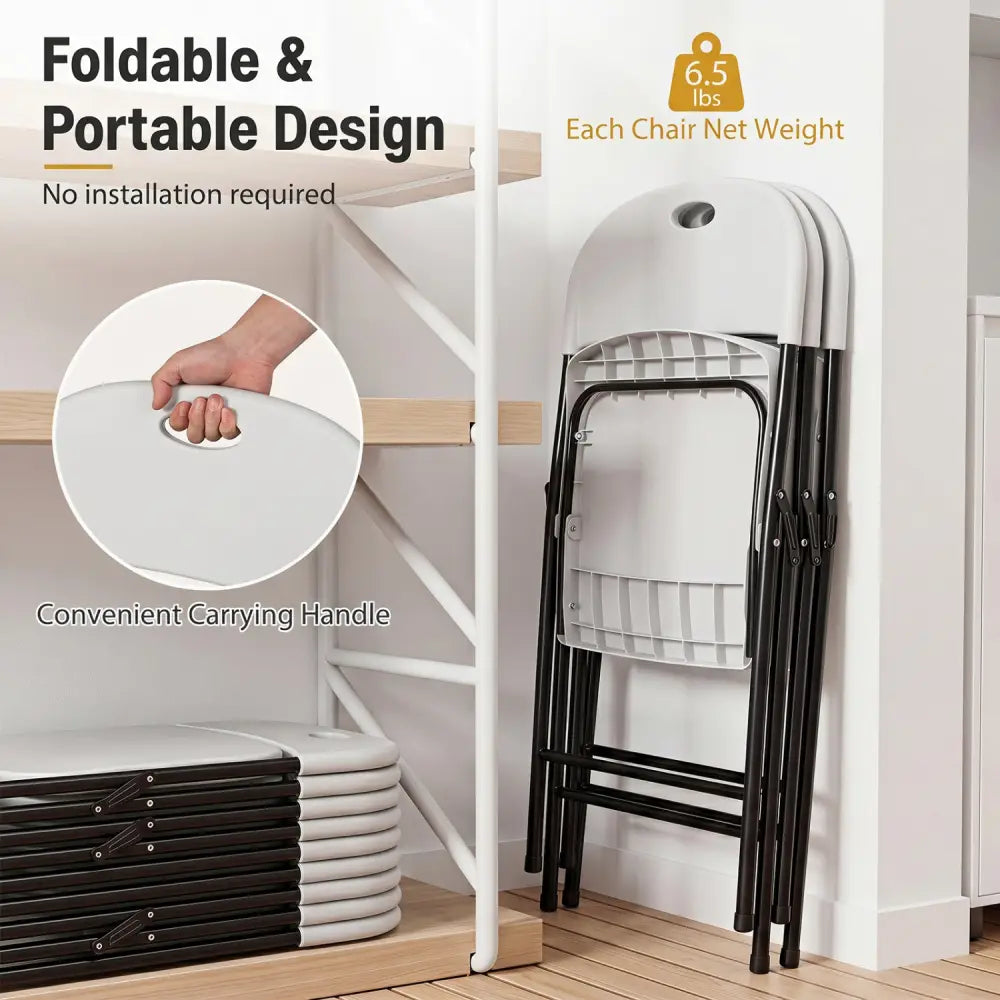 Set of 4 Foldable Plastic Chairs with Ergonomic Backrest-White - White - Dining Chairs