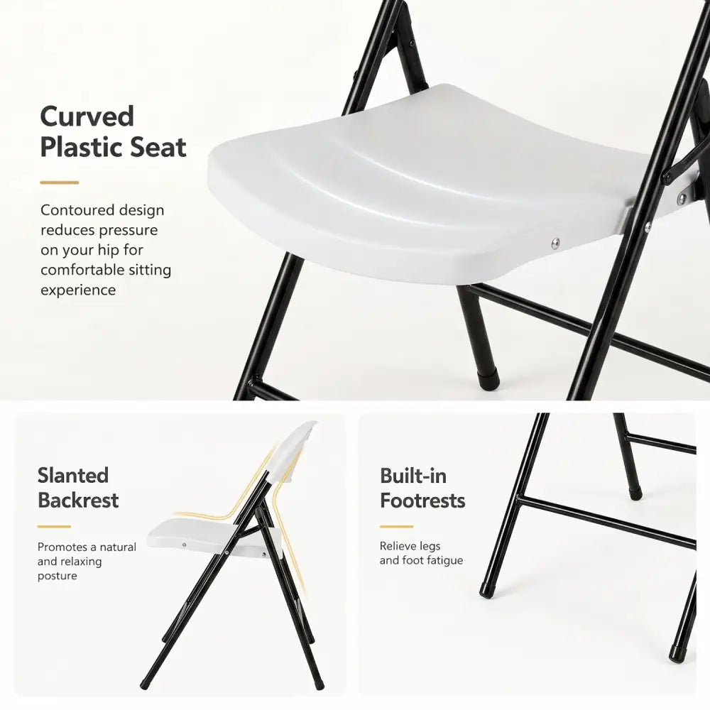 Set of 4 Foldable Plastic Chairs with Ergonomic Backrest-White - White - Dining Chairs