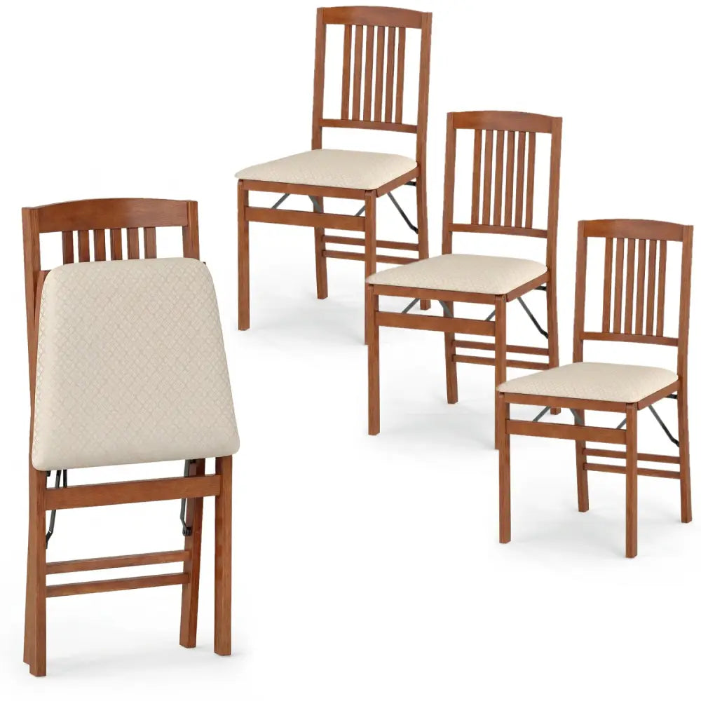 Set of 4 Foldable Upholstered Kitchen Chairs with Padded Seat-Beige - Beige - Dining Chairs