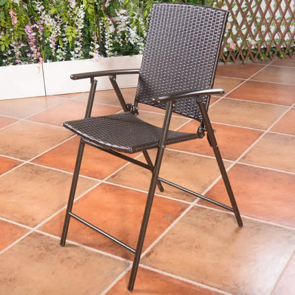 Set of 4 Folding Rattan Bar Chairs with Footrests and Armrests for Outdoors and Indoors - Brown - Patio Bar Furniture
