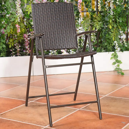 Set of 4 Folding Rattan Bar Chairs with Footrests and Armrests for Outdoors and Indoors - Brown - Patio Bar Furniture