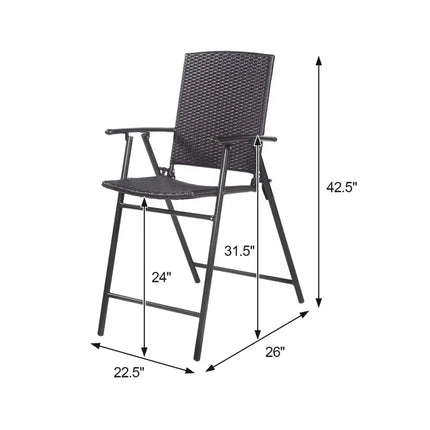 Set of 4 Folding Rattan Bar Chairs with Footrests and Armrests for Outdoors and Indoors - Brown - Patio Bar Furniture