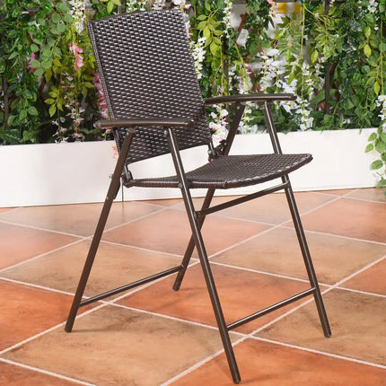 Set of 4 Folding Rattan Bar Chairs with Footrests and Armrests for Outdoors and Indoors - Brown - Patio Bar Furniture