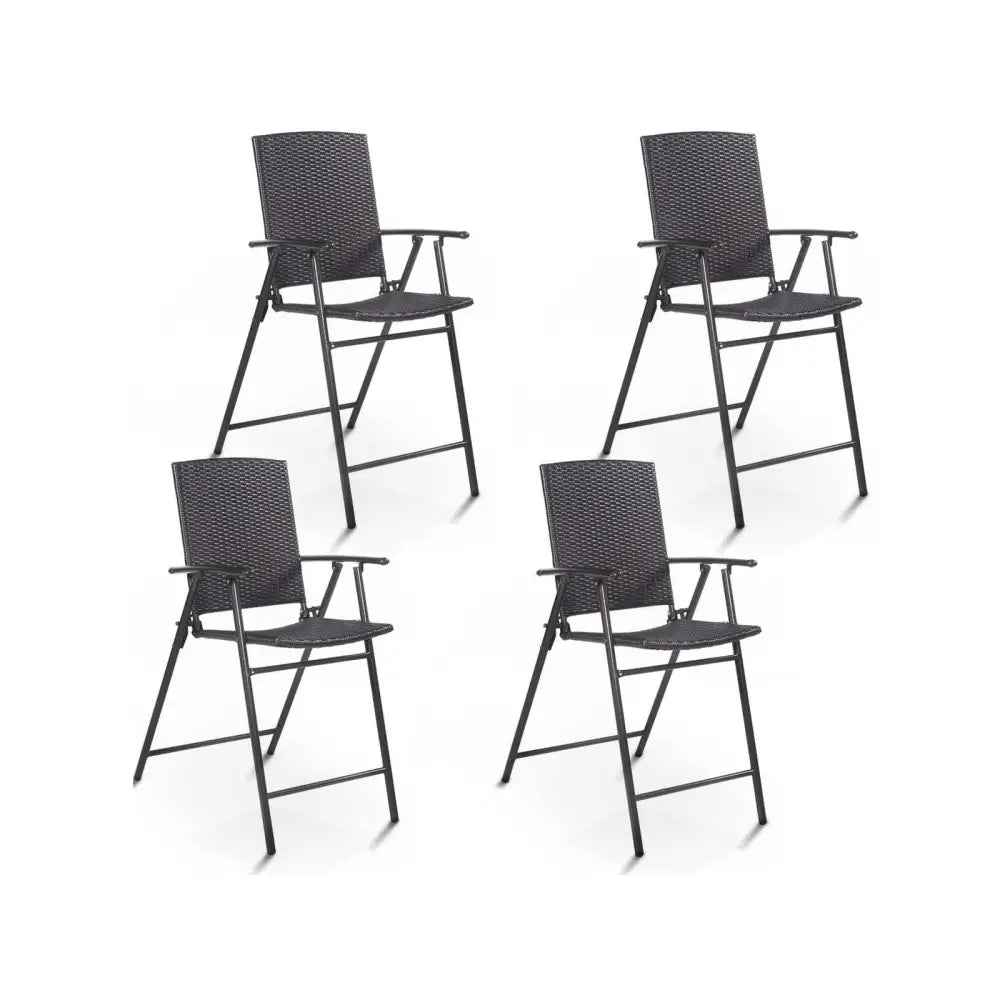 Set of 4 Folding Rattan Bar Chairs with Footrests and Armrests for Outdoors and Indoors - Brown - Patio Bar Furniture