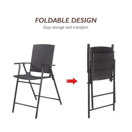 Set of 4 Folding Rattan Bar Chairs with Footrests and Armrests for Outdoors and Indoors - Brown - Patio Bar Furniture