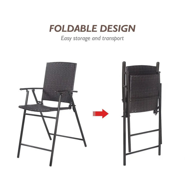 Set of 4 Folding Rattan Bar Chairs with Footrests and Armrests for Outdoors and Indoors - Brown - Patio Bar Furniture