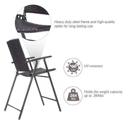 Set of 4 Folding Rattan Bar Chairs with Footrests and Armrests for Outdoors and Indoors - Brown - Patio Bar Furniture