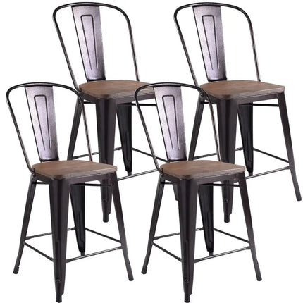 Set of 4 Industrial Metal Counter Stool Dining Chairs with Removable Backrests-Cooper - Brown - Bar Stools